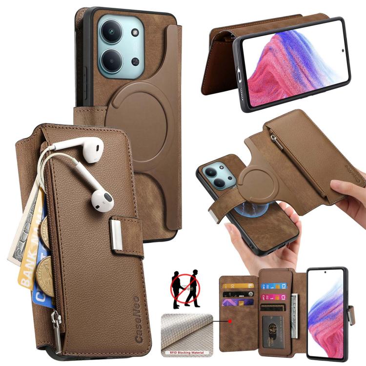 

For Redmi 15C 5G / 4G Global 171mm CaseNeo MagSafe RFID Anti-theft Zipper Wallet Retro Leather Phone Case(Brown)