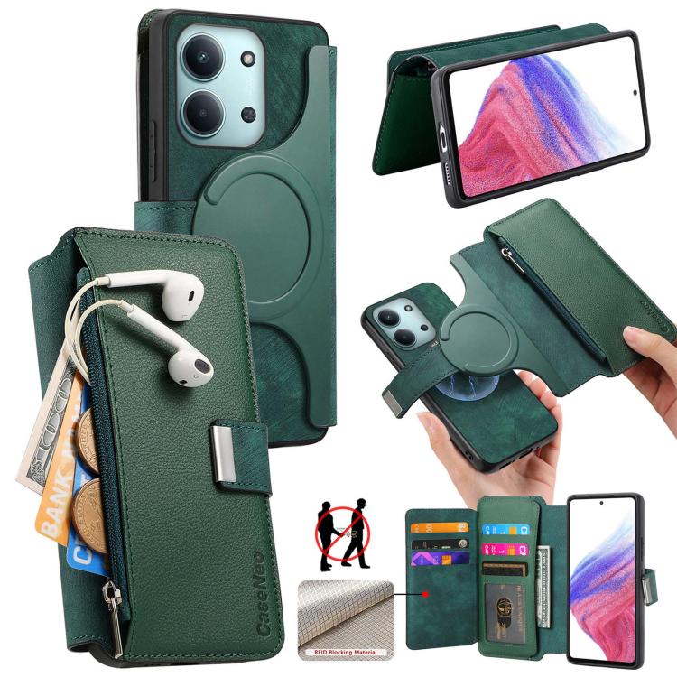 

For Redmi 15C 5G / 4G Global 171mm CaseNeo MagSafe RFID Anti-theft Zipper Wallet Retro Leather Phone Case(Green)