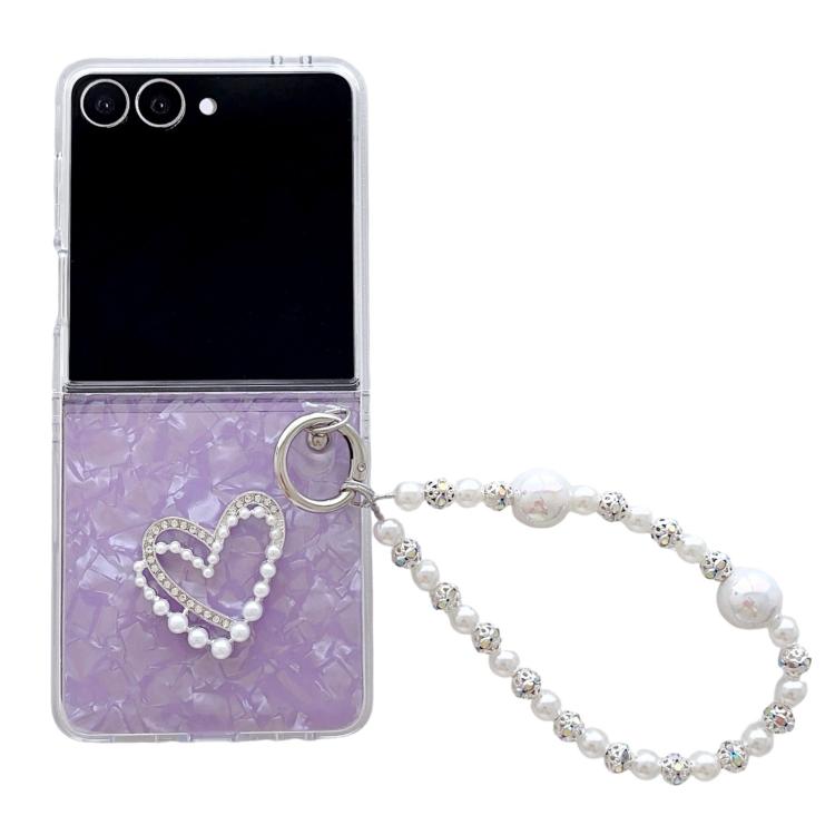 

For Samsung Galaxy Z Flip7 5G Pearlescent Shell Texture Heart Pattern Phone Case with Bracelet(Purple)