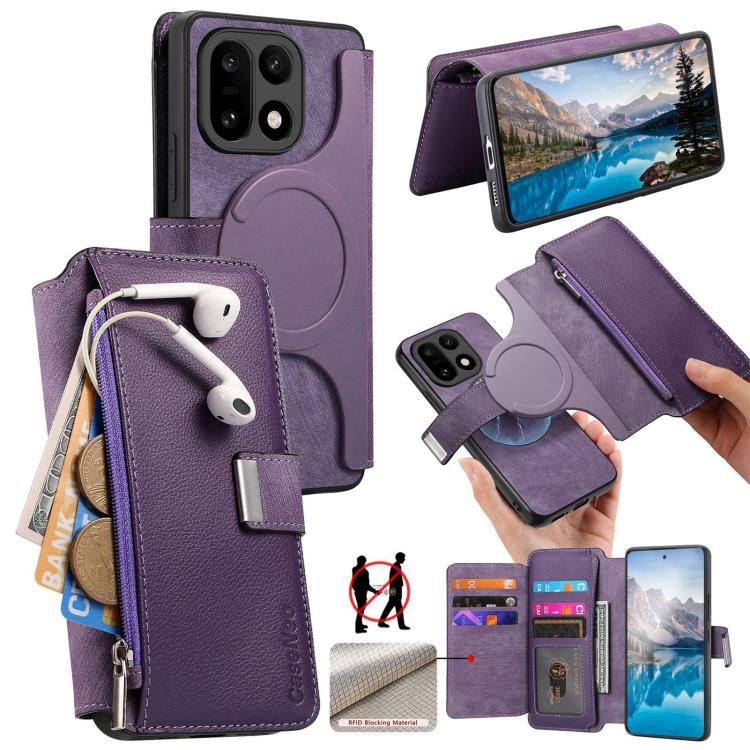 

For OnePlus 15 CaseNeo MagSafe RFID Anti-theft Zipper Wallet Retro Leather Phone Case(Purple)