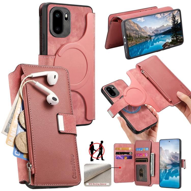 For OnePlus Ace 6 / 6T CaseNeo MagSafe RFID Anti-theft Zipper Wallet Retro Leather Phone Case(Pink)