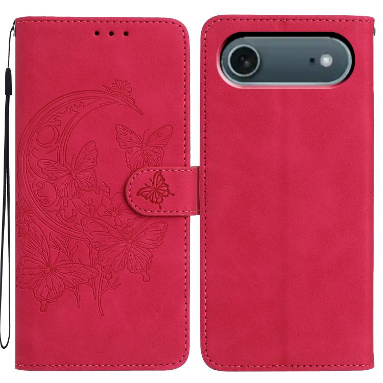 

For iPhone 17 Air Moonlit Butterfly Dance Pattern Embossed Leather Phone Case(Rose Red)
