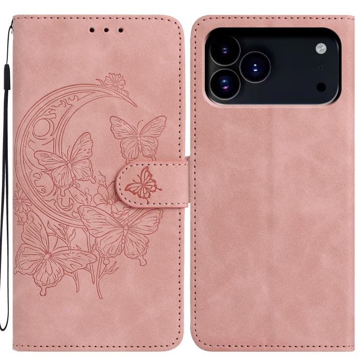 

For iPhone 17 Pro Moonlit Butterfly Dance Pattern Embossed Leather Phone Case(Pink)