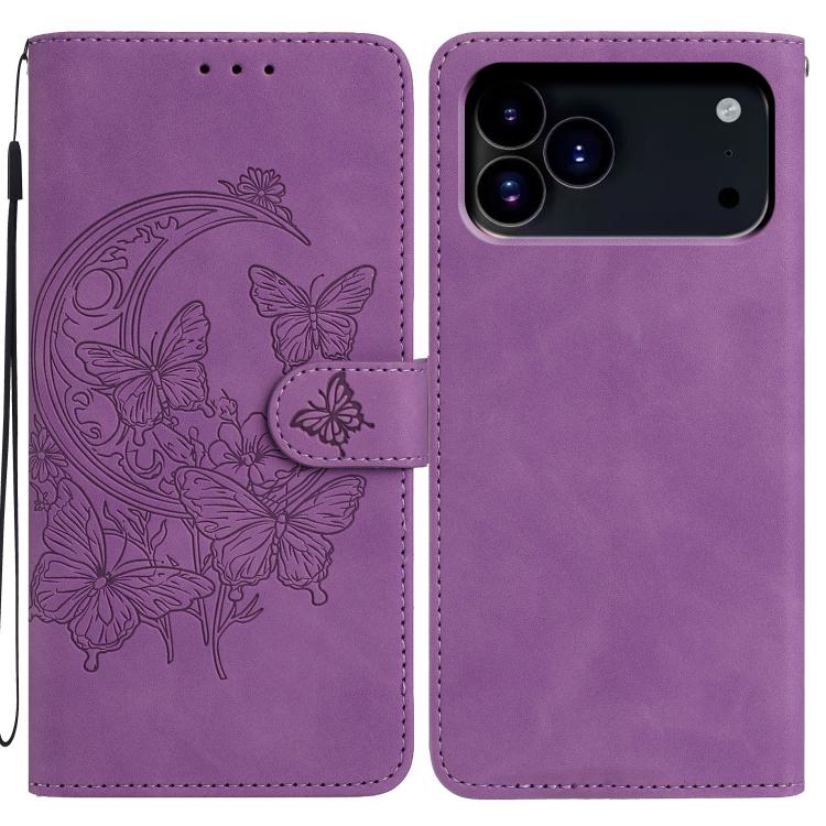 

For iPhone 17 Pro Max Moonlit Butterfly Dance Pattern Embossed Leather Phone Case(Purple)