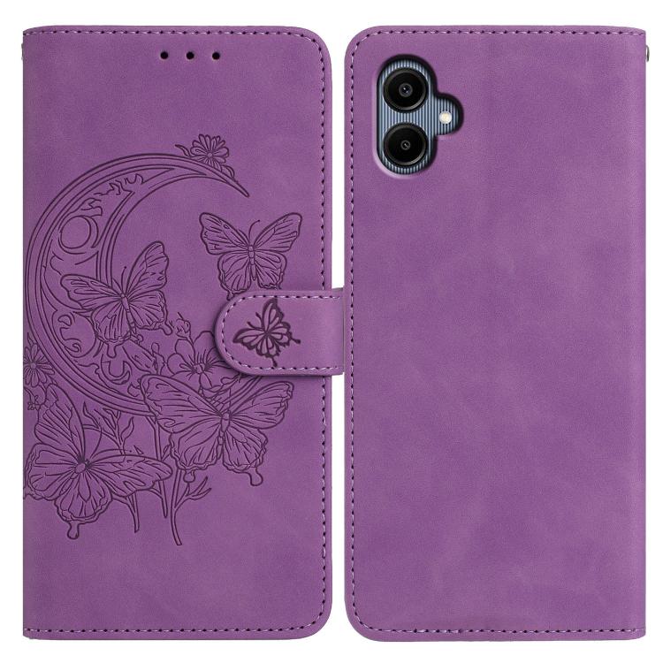 

For Samsung Galaxy A07 5G Moonlit Butterfly Dance Pattern Embossed Leather Phone Case(Purple)
