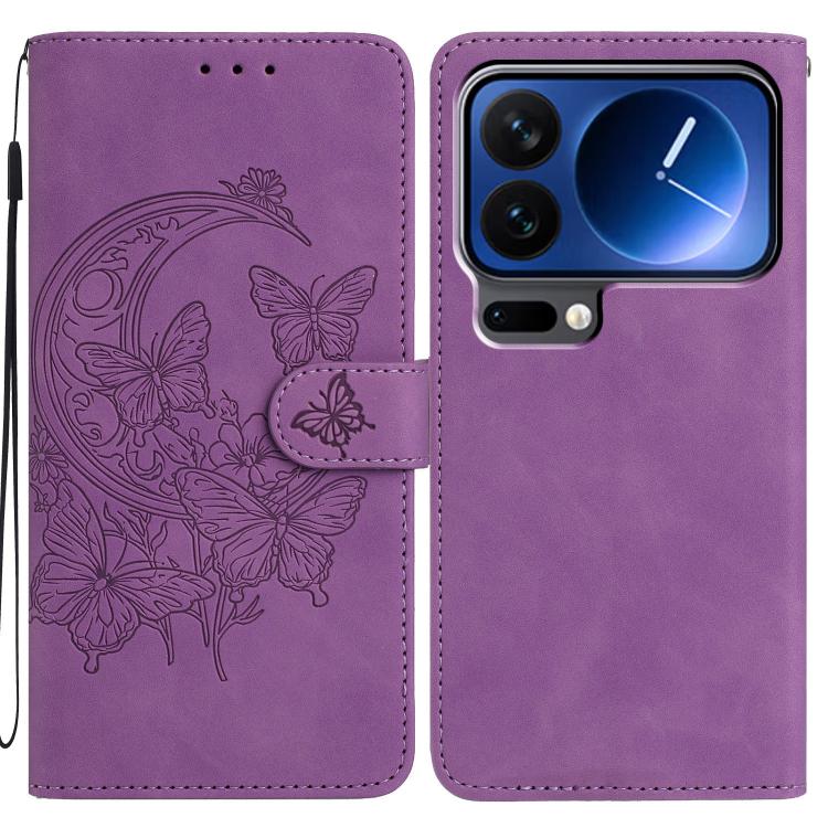 

For Xiaomi 17 Pro Max Moonlit Butterfly Dance Pattern Embossed Leather Phone Case(Purple)