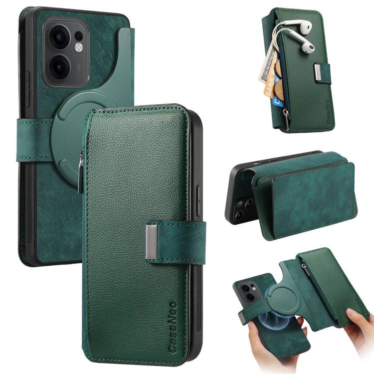 

For OPPO Reno13 F CaseNeo MagSafe RFID Anti-theft Zipper Wallet Retro Leather Phone Case(Green)