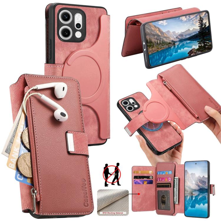 For OPPO Reno14 Pro Global CaseNeo MagSafe RFID Anti-theft Zipper Wallet Retro Leather Phone Case(Pink)