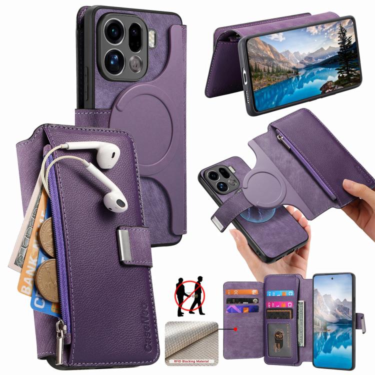 

For OPPO Find X9 Pro CaseNeo MagSafe RFID Anti-theft Zipper Wallet Retro Leather Phone Case(Purple)