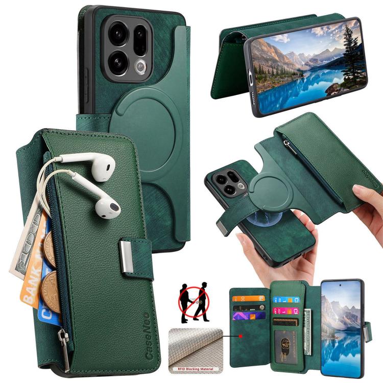 For OPPO Find X9 CaseNeo MagSafe RFID Anti-theft Zipper Wallet Retro Leather Phone Case(Green)