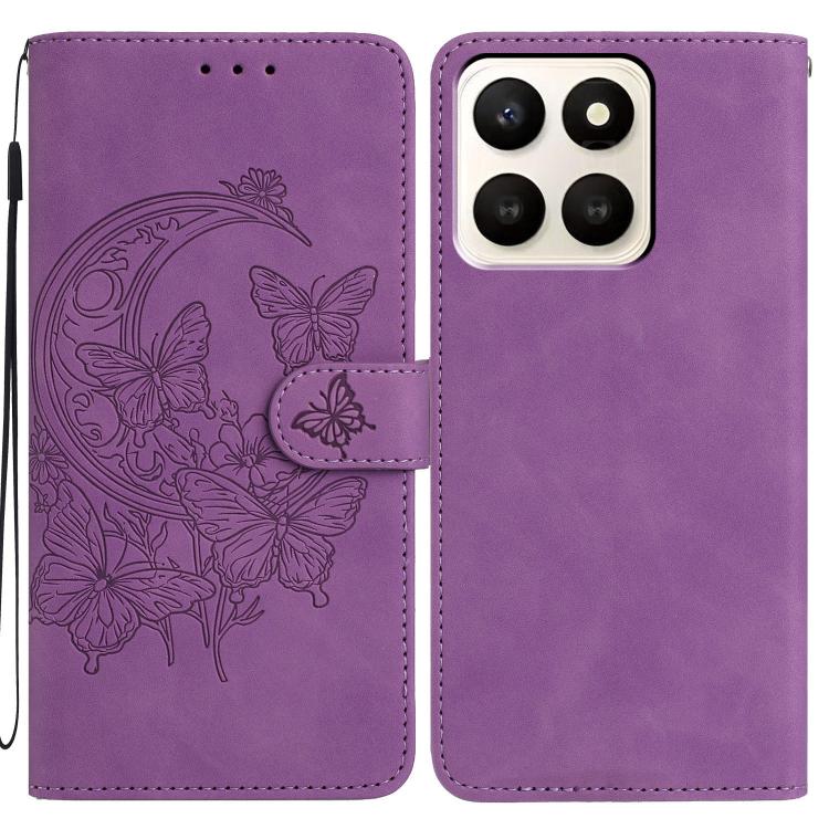 

For Honor X7d 5G Moonlit Butterfly Dance Pattern Embossed Leather Phone Case(Purple)