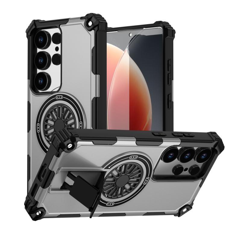 

For Samsung Galaxy S25 Ultra 5G Shockproof Kickstand Metallic Shaft MagSafe Phone Case(Silver)