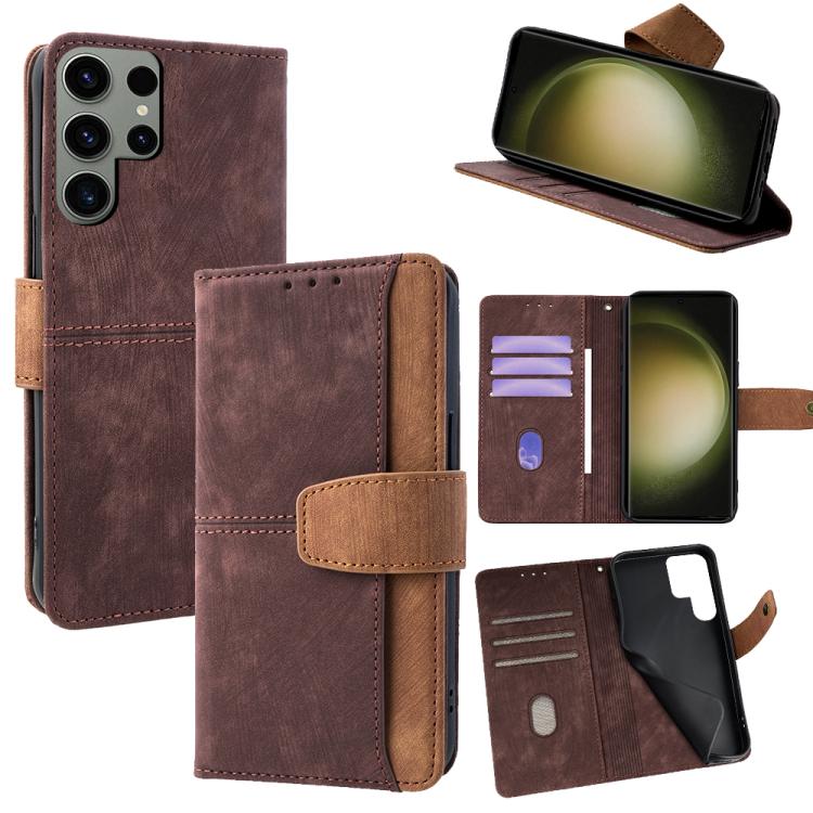 

For Samsung Galaxy S23 Ultra 5G Color Stitching Skin Feel Leather RFID Blocking Phone Case(Brown)