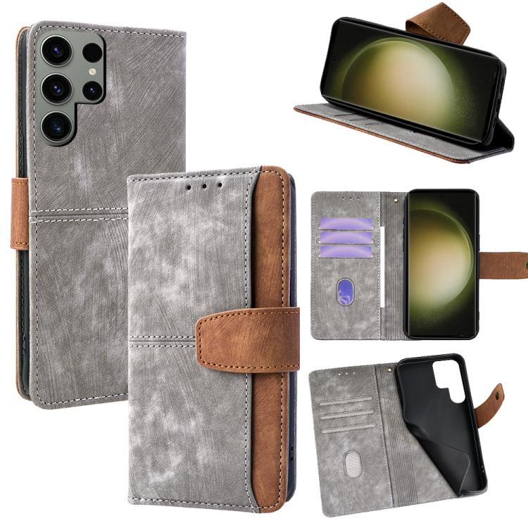 

For Samsung Galaxy S23 Ultra 5G Color Stitching Skin Feel Leather RFID Blocking Phone Case(Grey)