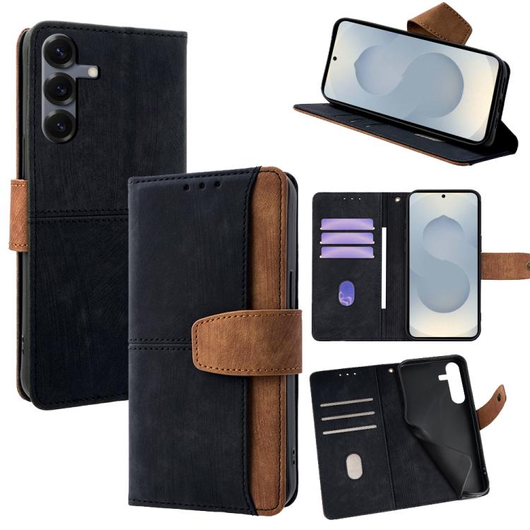 

For Samsung Galaxy S25 5G Color Stitching Skin Feel Leather RFID Blocking Phone Case(Black)
