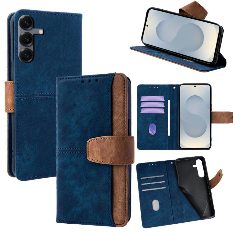 

For Samsung Galaxy S25+ 5G Color Stitching Skin Feel Leather RFID Blocking Phone Case(Blue)