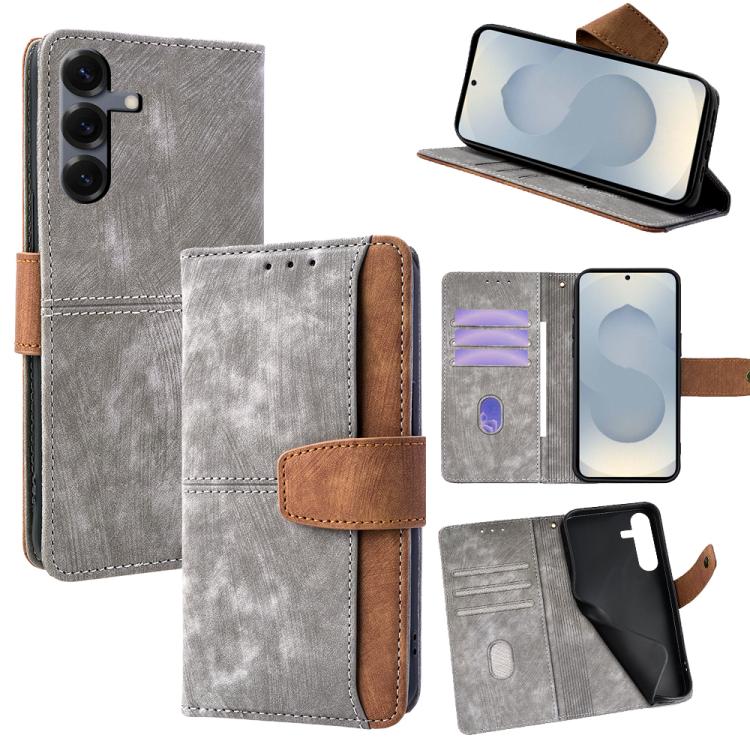 

For Samsung Galaxy S25+ 5G Color Stitching Skin Feel Leather RFID Blocking Phone Case(Grey)