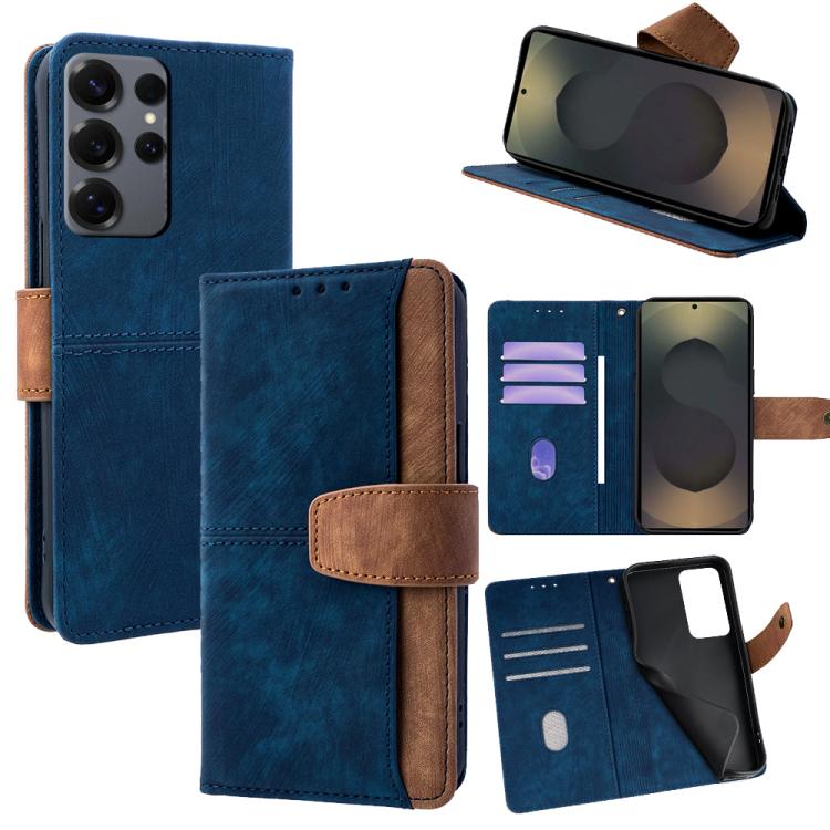 

For Samsung Galaxy S25 Ultra 5G Color Stitching Skin Feel Leather RFID Blocking Phone Case(Blue)