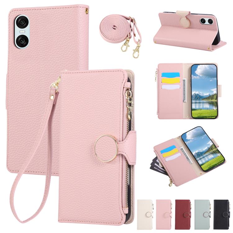 

For Sony Xperia 10 VI Round Buckle Zipper Wallet Leather Phone Case with Crossbody Strap(Pink)