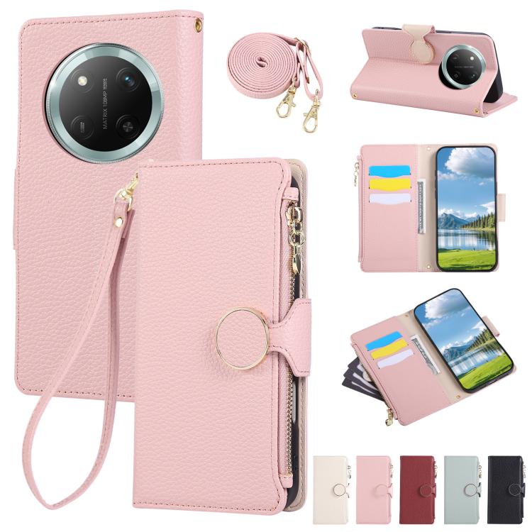 

For Honor X60 Pro Round Buckle Zipper Wallet Leather Phone Case with Crossbody Strap(Pink)