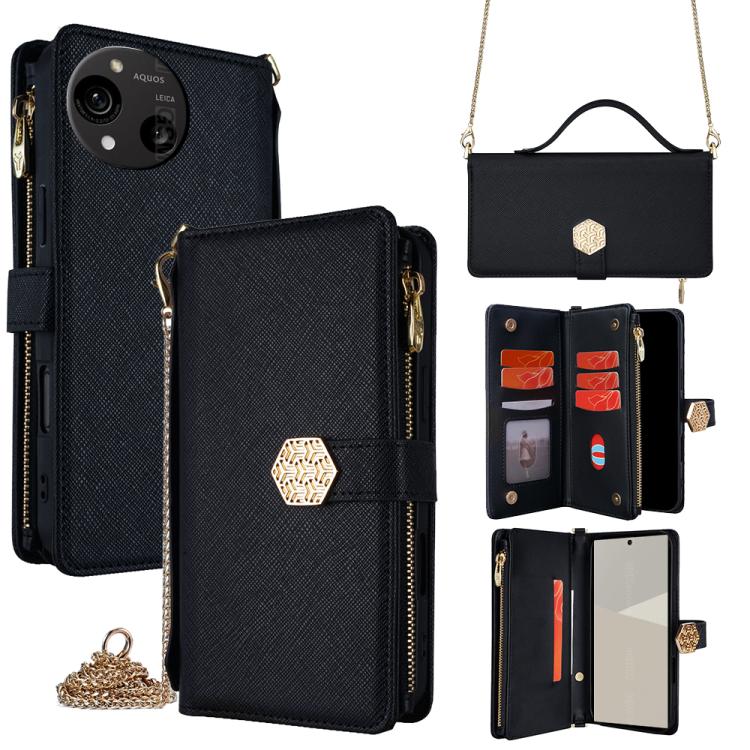 

For Sharp Aquos R10 Crossbody Handle Cross Texture Leather Phone Case(Black)