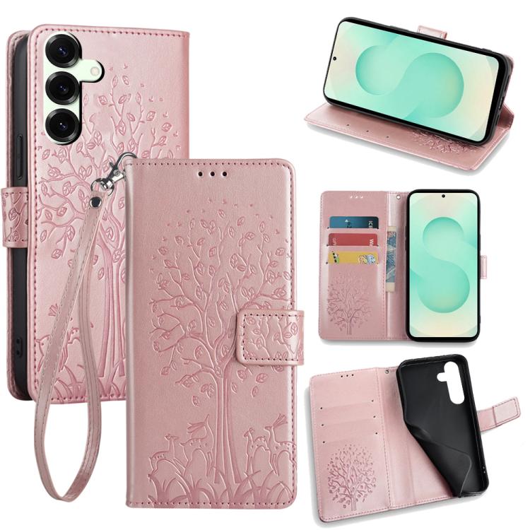

For Samsung Galaxy S25+ 5G Tree & Deer Embossed Leather Phone Case(Rose Gold)