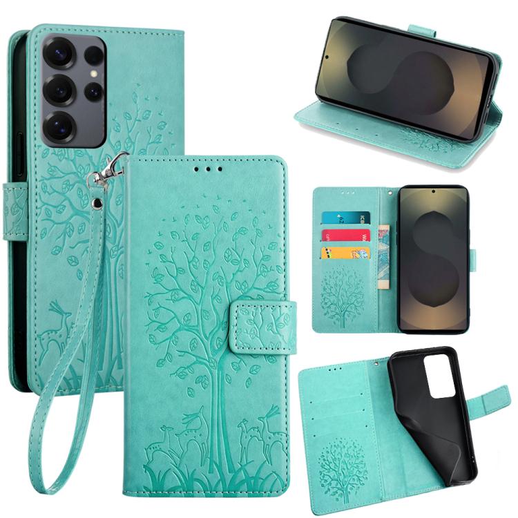 

For Samsung Galaxy S25 Ultra 5G Tree & Deer Embossed Leather Phone Case(Green)