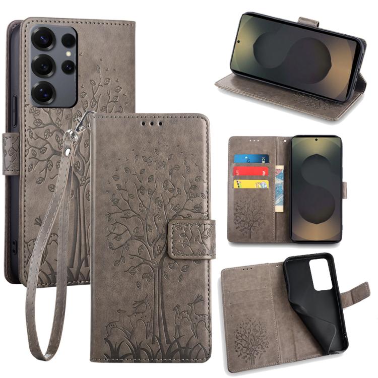 

For Samsung Galaxy S25 Ultra 5G Tree & Deer Embossed Leather Phone Case(Grey)