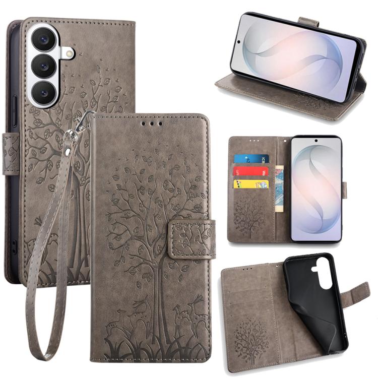 

For Samsung Galaxy S26 5G Tree & Deer Embossed Leather Phone Case(Grey)