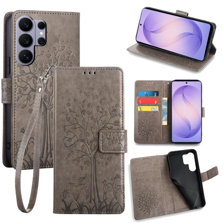 

For Samsung Galaxy S26 Ultra 5G Tree & Deer Embossed Leather Phone Case(Grey)