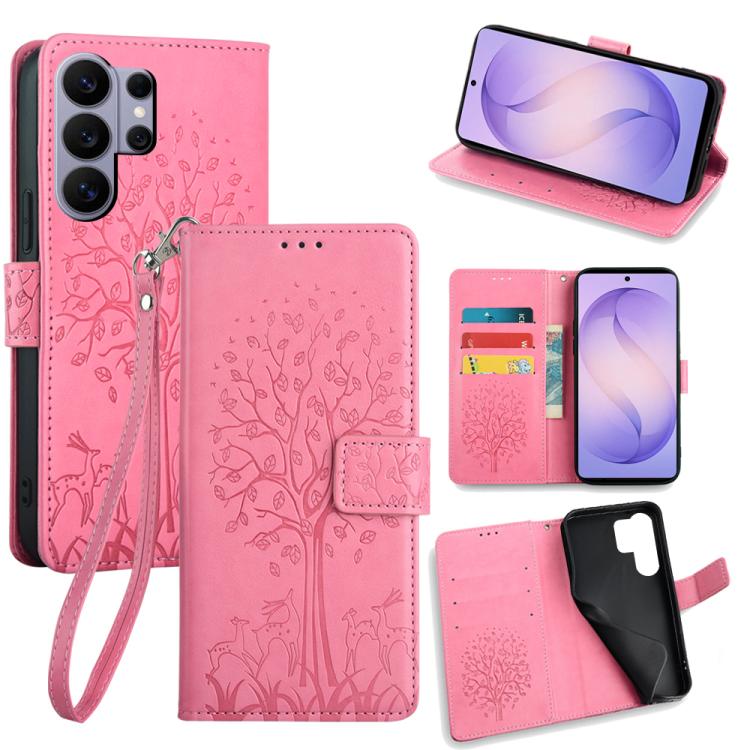 

For Samsung Galaxy S26 Ultra 5G Tree & Deer Embossed Leather Phone Case(Pink)