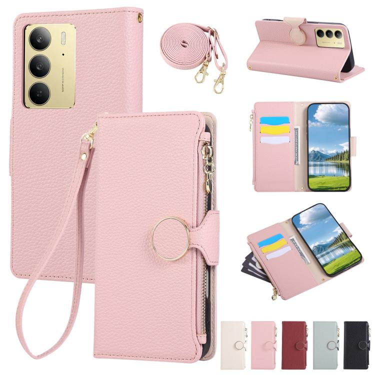 

For Realme C75 5G / 14X 5G Round Buckle Zipper Wallet Leather Phone Case with Crossbody Strap(Pink)