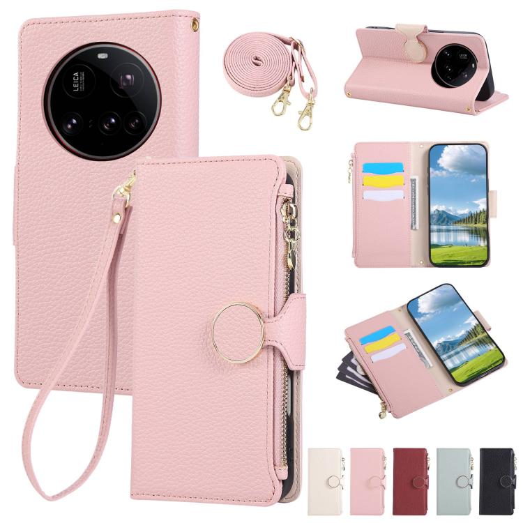 

For Xiaomi 15 Ultra Round Buckle Zipper Wallet Leather Phone Case with Crossbody Strap(Pink)