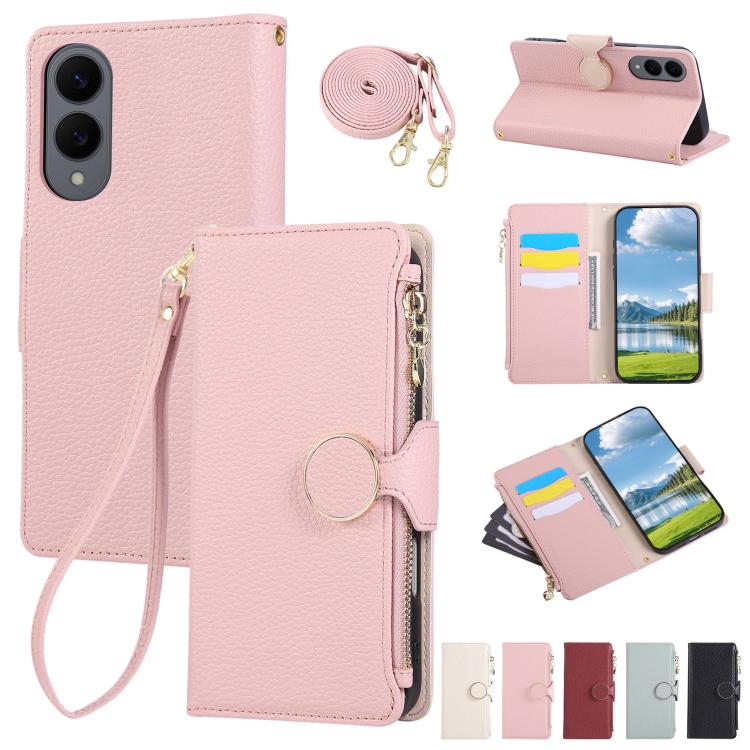 

For Samsung Galaxy S25 Edge 5G Round Buckle Zipper Wallet Leather Phone Case with Crossbody Strap(Pink)