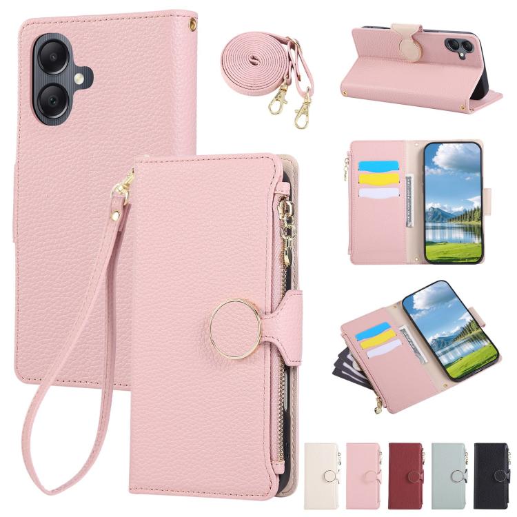 

For Samsung Galaxy A06 Round Buckle Zipper Wallet Leather Phone Case with Crossbody Strap(Pink)