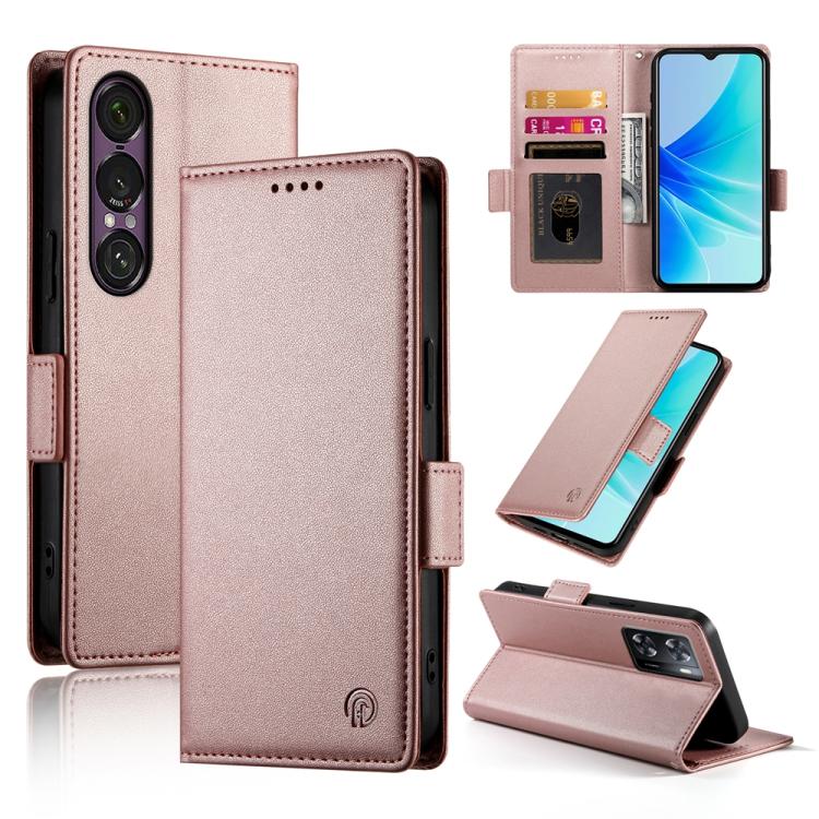 

For Sony Xperia 1 VII Side Buckle Magnetic Frosted Leather Phone Case(Rose Gold)