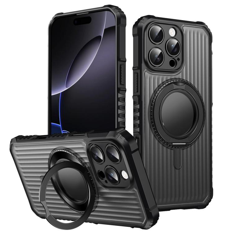 

For iPhone 16 Pro Max Skin Sense Rotation Stand Semi-transparent Magsafe Phone Case(Black)