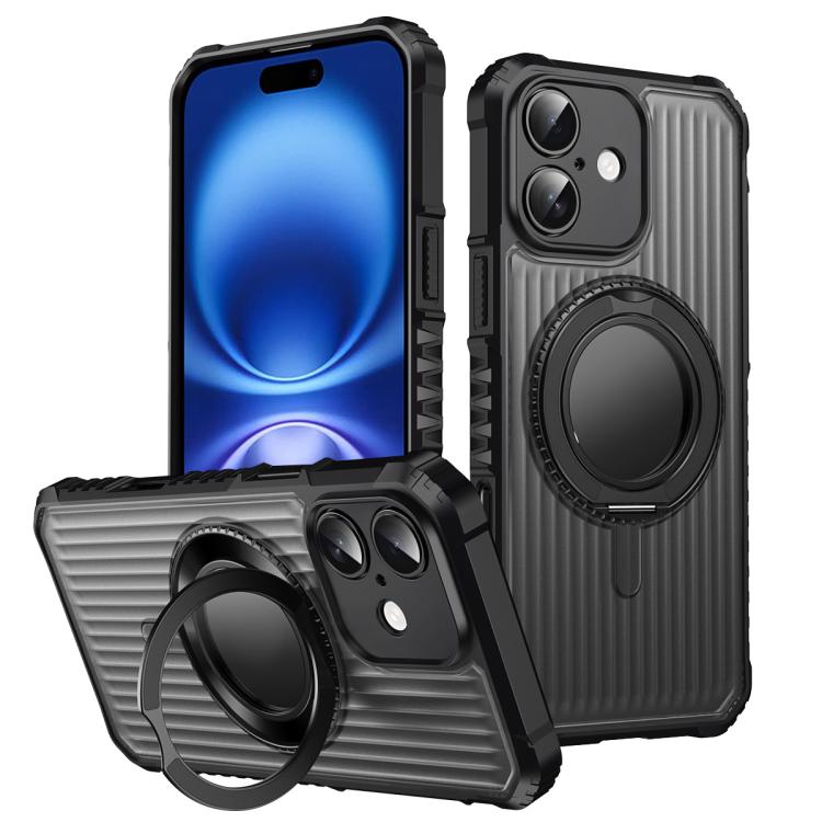 

For iPhone 16 Skin Sense Rotation Stand Semi-transparent Magsafe Phone Case(Black)