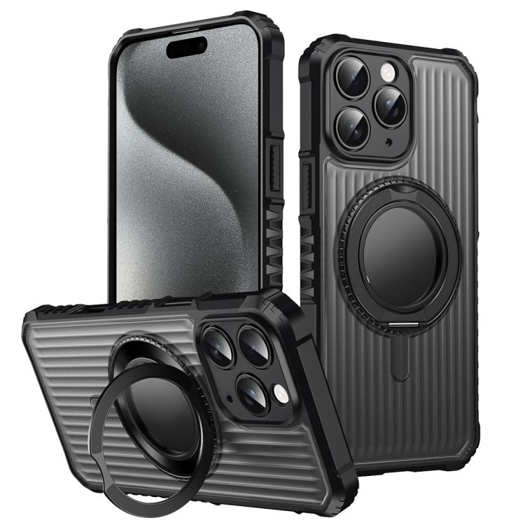 

For iPhone 15 Pro Skin Sense Rotation Stand Semi-transparent Magsafe Phone Case(Black)