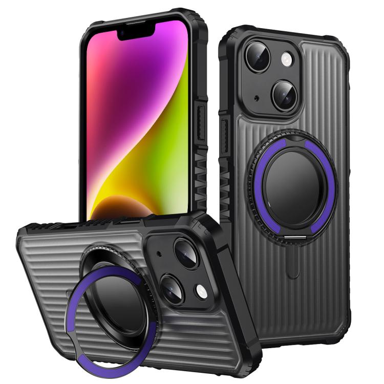 

For iPhone 14 Plus Skin Sense Rotation Stand Semi-transparent Magsafe Phone Case(Deep Purple)