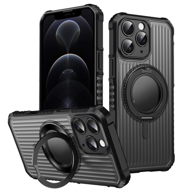 

For iPhone 12 Pro Max Skin Sense Rotation Stand Semi-transparent Magsafe Phone Case(Black)