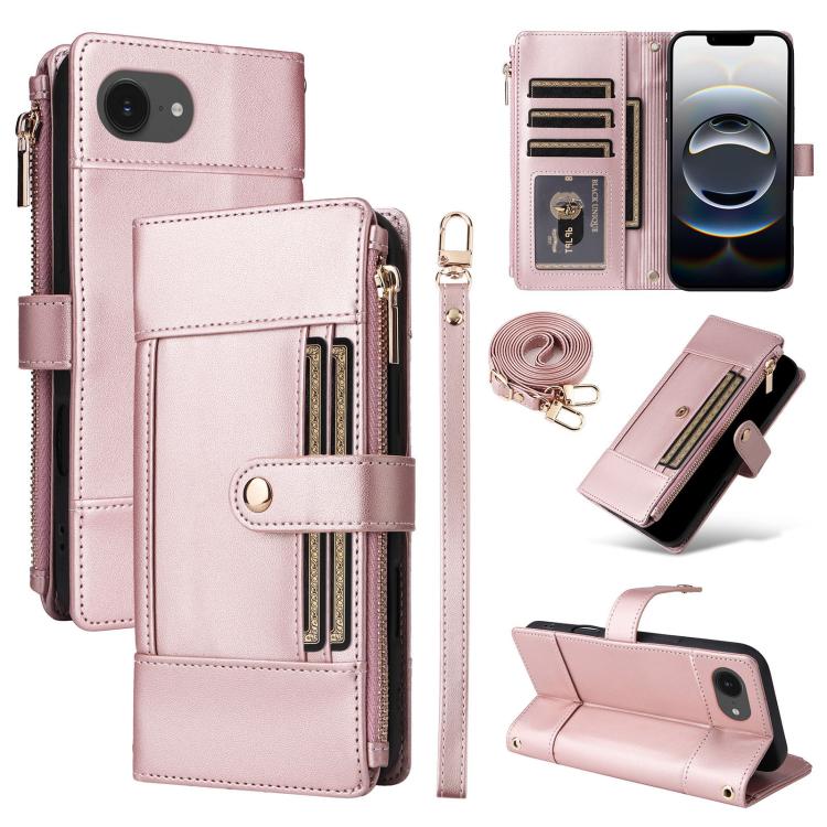

For iPhone 16e Crossbody Strap RFID Blocking Zipper Wallet Leather Phone Case(Rose Gold)