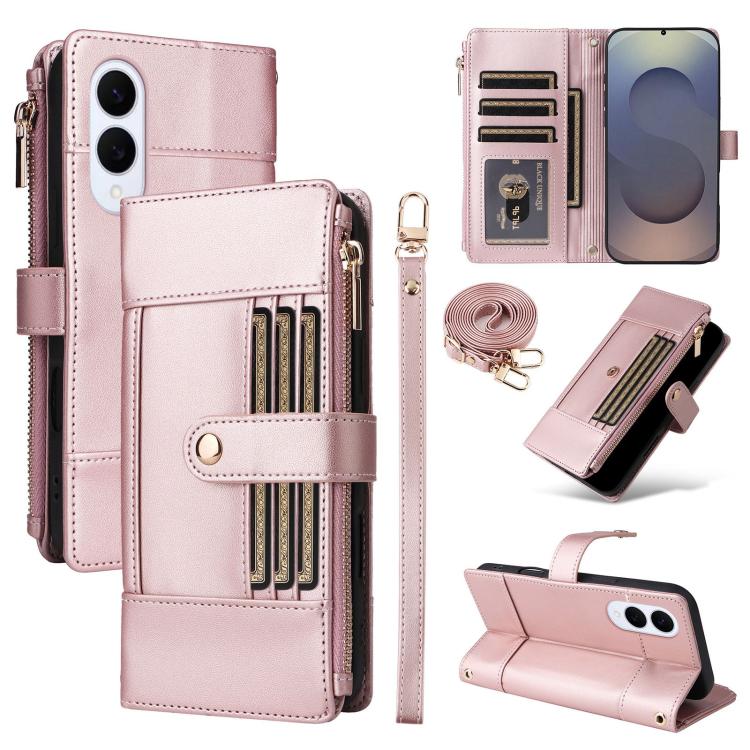 

For Samsung Galaxy S25 Edge 5G Crossbody Strap RFID Blocking Zipper Wallet Leather Phone Case(Rose Gold)
