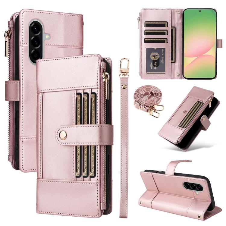 

For Samsung Galaxy A56 5G Crossbody Strap RFID Blocking Zipper Wallet Leather Phone Case(Rose Gold)