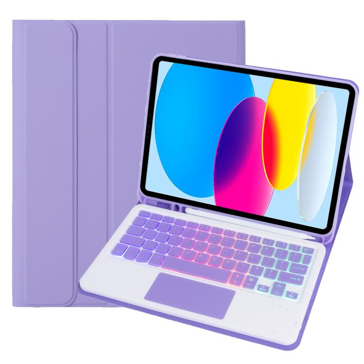 

For iPad 11 2025 / 10th Gen 10.9 2022 A10B-AS Backlight Bluetooth Touch Keyboard Leather Tablet Case with Pen Slot(Purple)