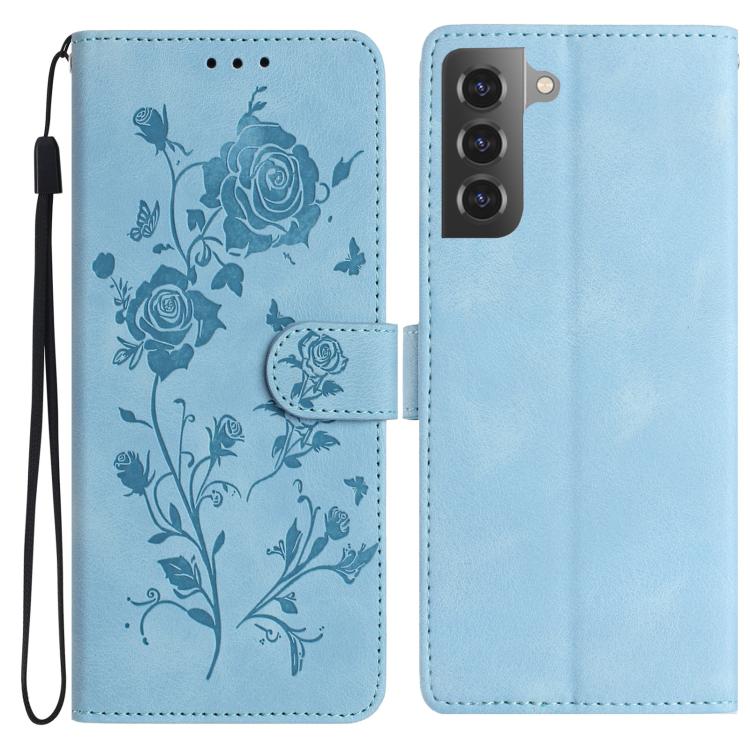 

For Samsung Galaxy S21+ 5G Rose Flower Embossing Pattern Leather Phone Case(Sky Blue)