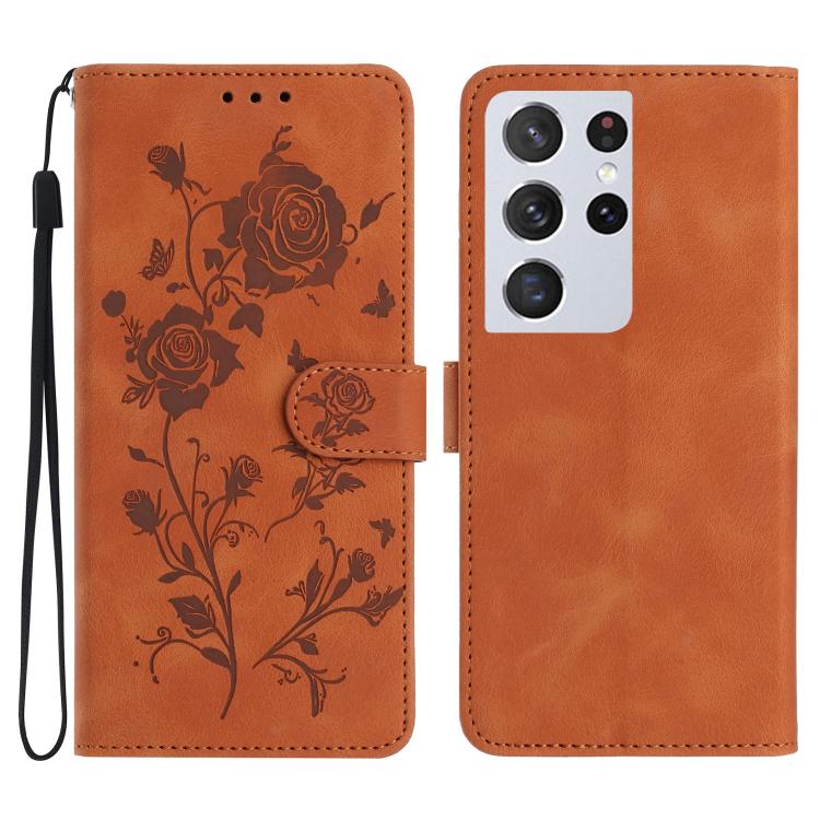 

For Samsung Galaxy S21 Ultra 5G Rose Flower Embossing Pattern Leather Phone Case(Brown)