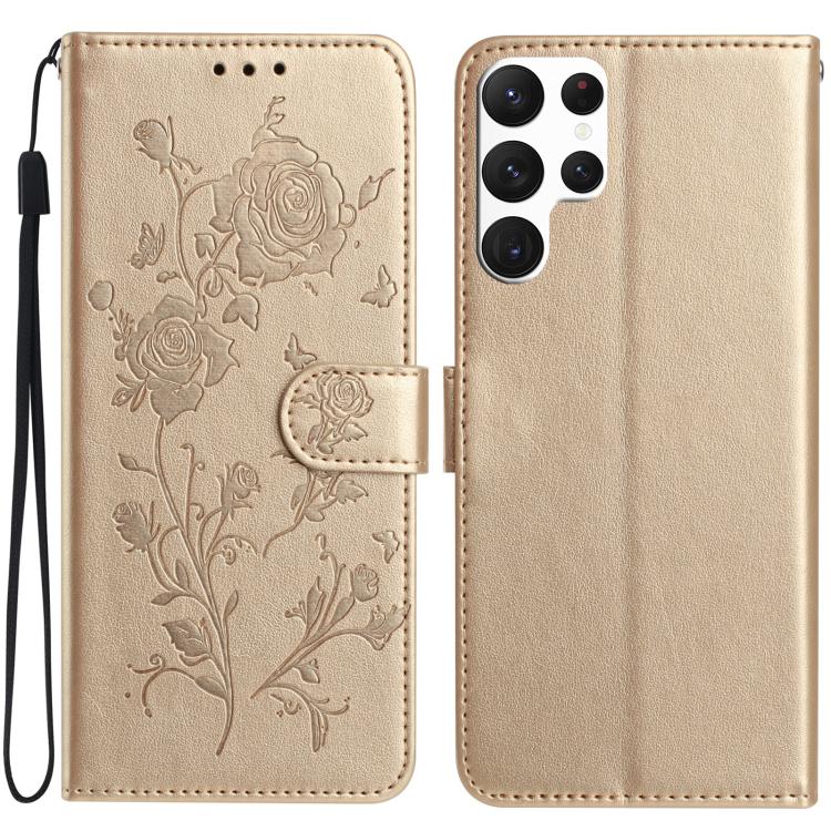 

For Samsung Galaxy S22 Ultra 5G Rose Flower Embossing Pattern Leather Phone Case(Gold)
