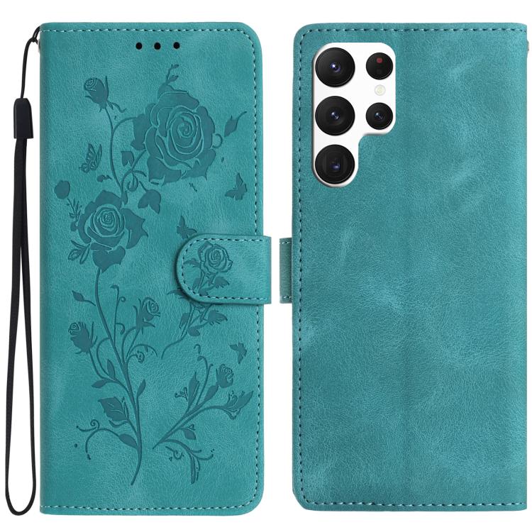 

For Samsung Galaxy S22 Ultra 5G Rose Flower Embossing Pattern Leather Phone Case(Green)