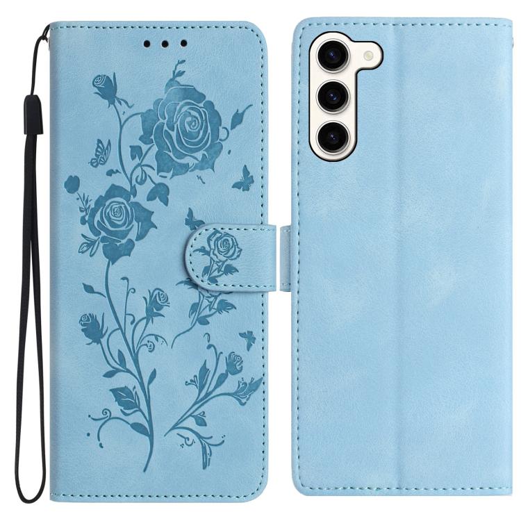 

For Samsung Galaxy S23+ 5G Rose Flower Embossing Pattern Leather Phone Case(Sky Blue)
